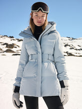 A lady wears a short-down jacket.